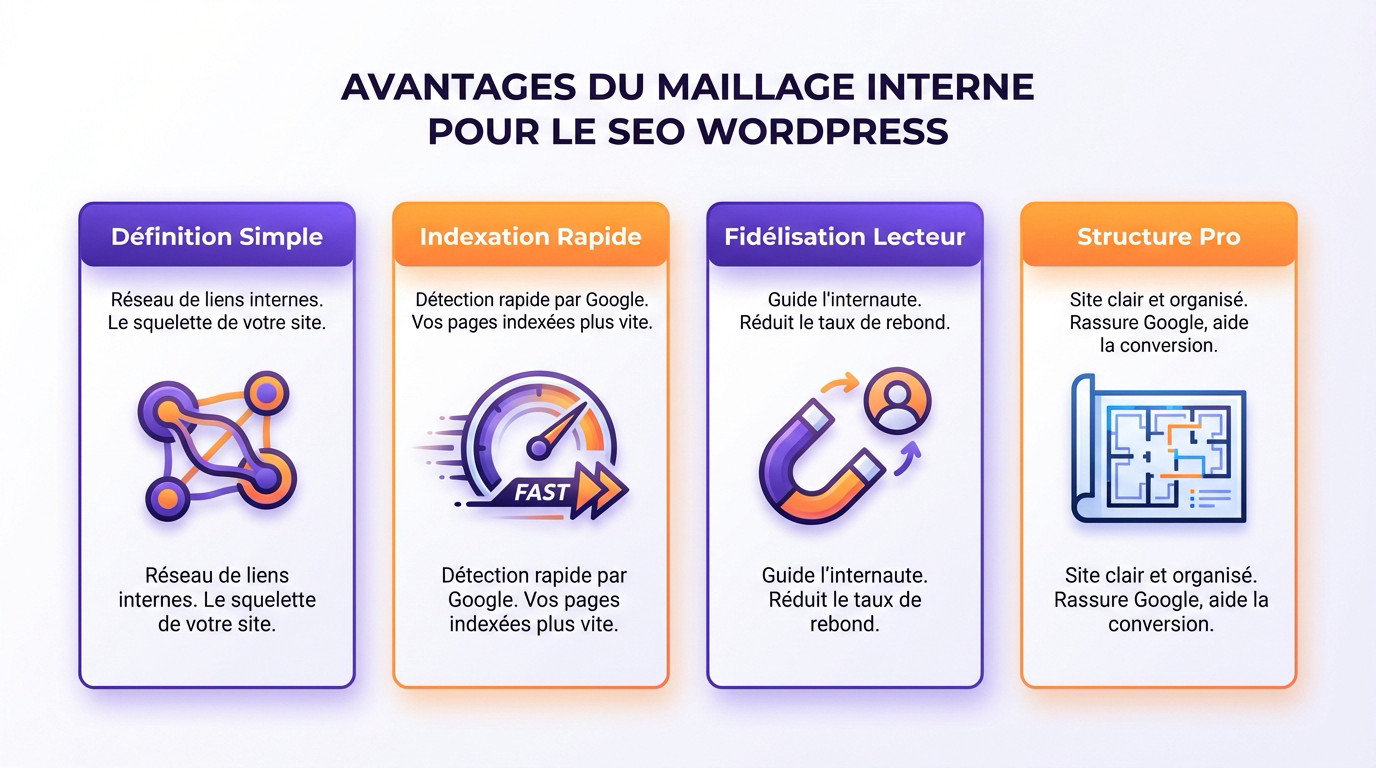Schéma illustrant l'impact du maillage interne sur le SEO et l'indexation WordPress