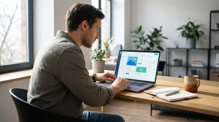 Man focused on laptop, building a website with an intuitive interface on a modern desk with natural light, notebook, and coffee.