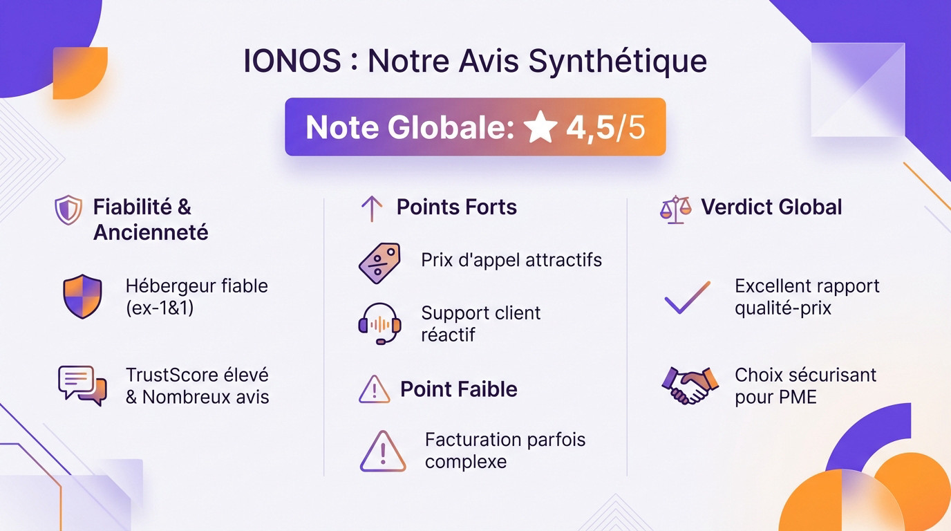 Infographie synthétique avis IONOS : note trustpilot et points clés