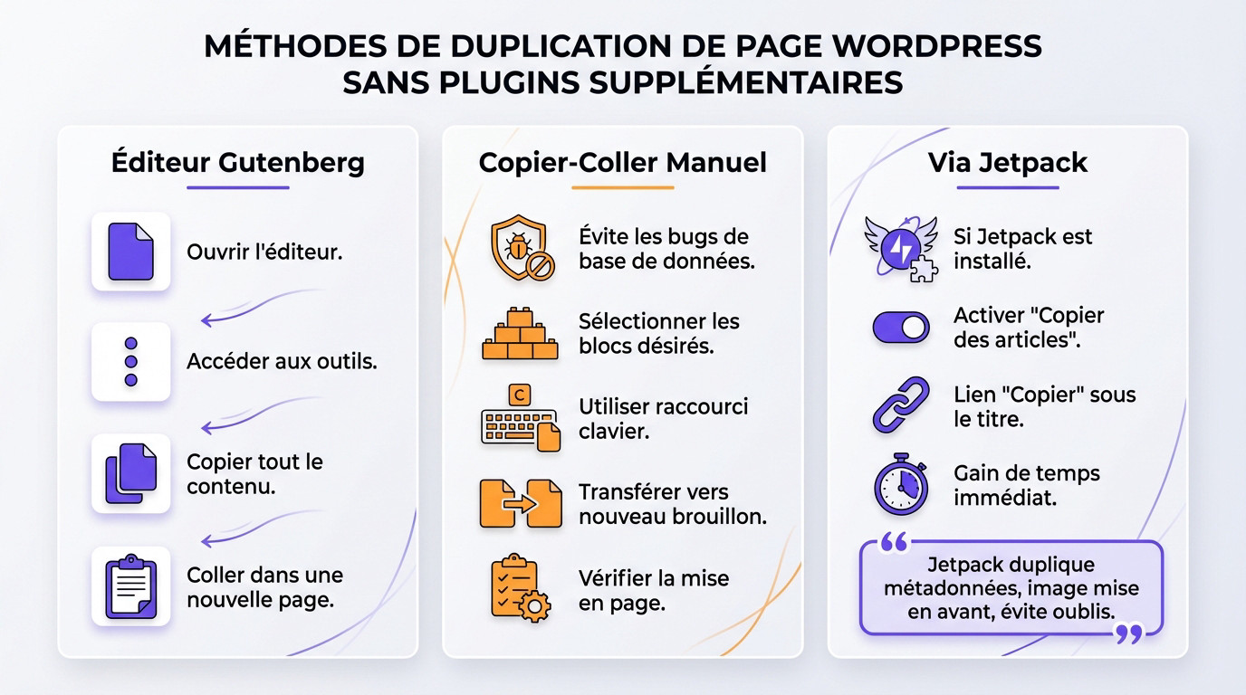 Interface WordPress montrant les options de duplication sans plugin