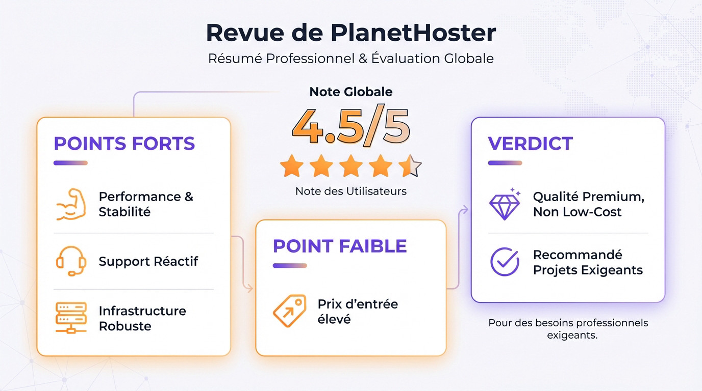 Résumé de notre avis professionnel et note globale sur l'hébergeur PlanetHoster