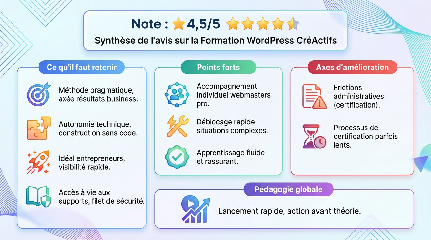 Synthèse graphique des points clés de l'avis sur la formation WordPress de CréActifs