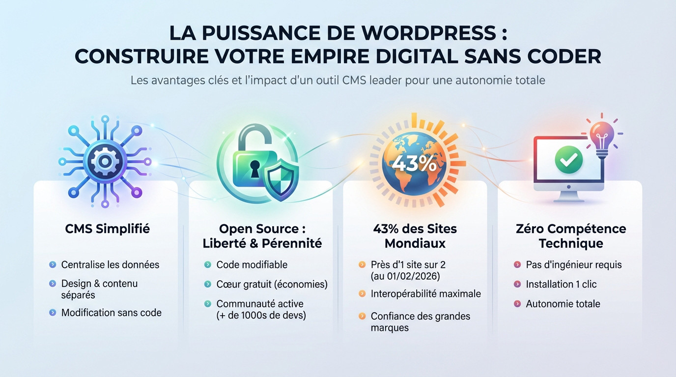 Illustration montrant comment bâtir un empire digital avec WordPress sans coder