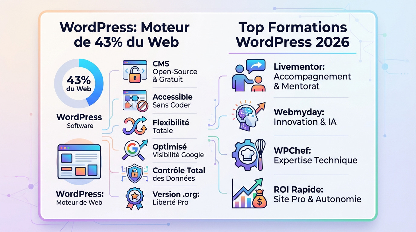 Graphique illustrant la domination de WordPress sur le web et les types de formations