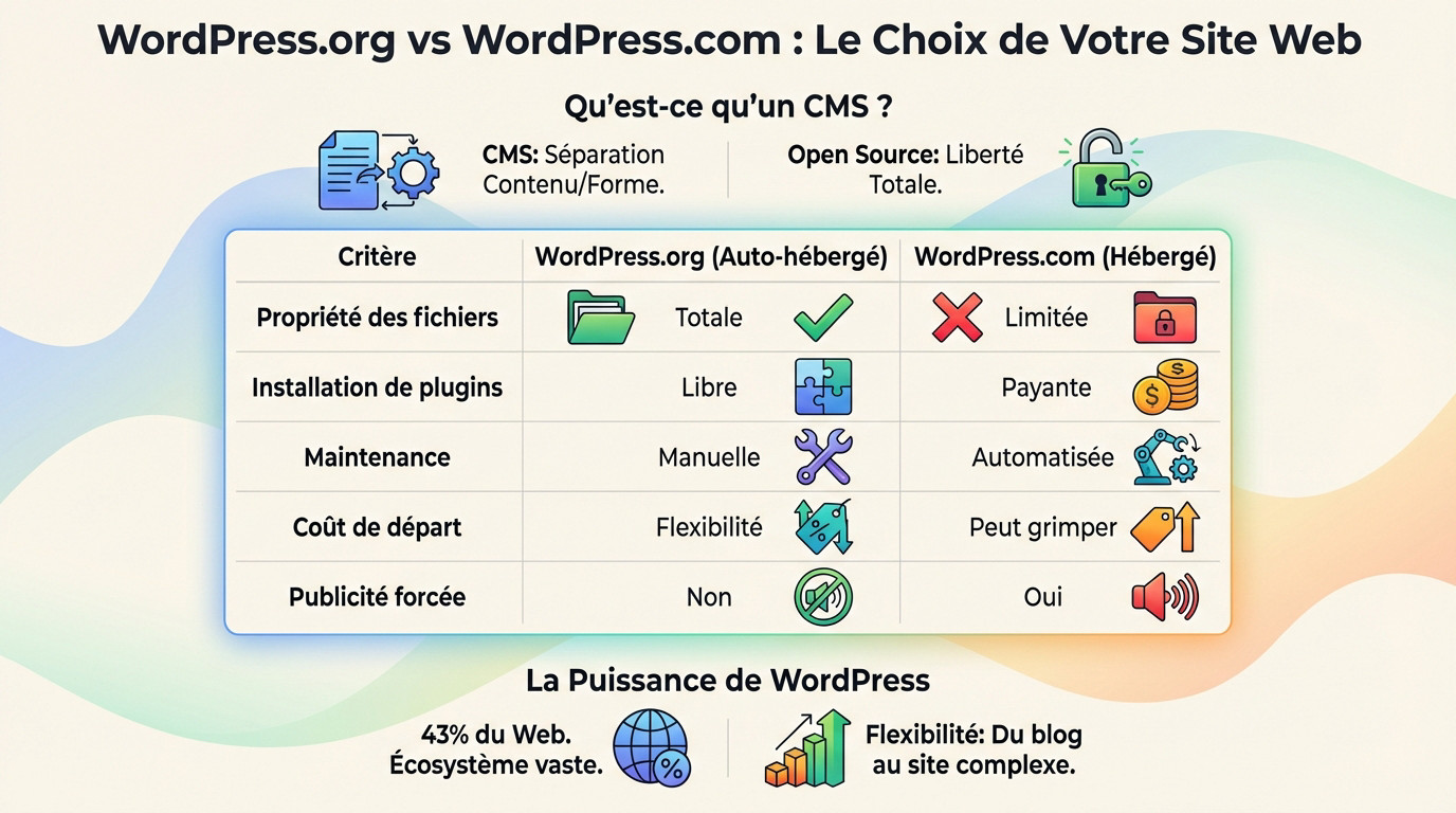Comparatif visuel entre WordPress.org et WordPress.com pour faire le bon choix de plateforme