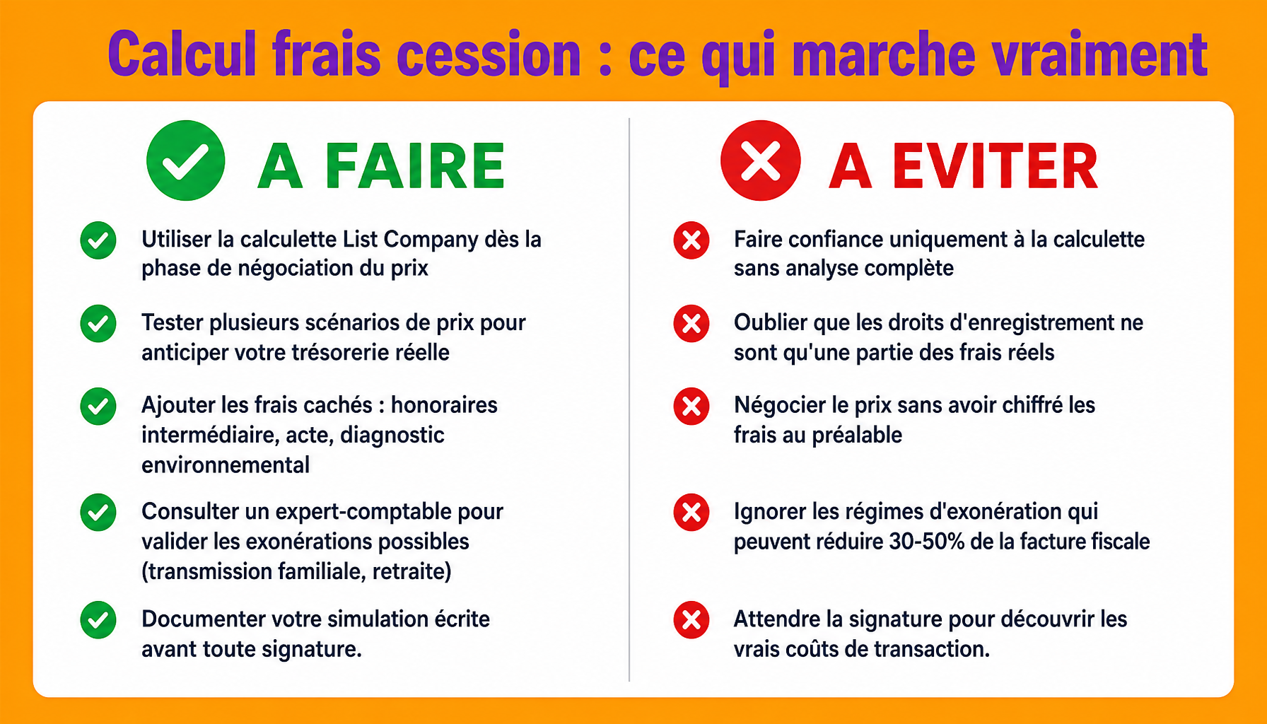 Guide pratique calcul frais cession commerce List Company com : à faire et à éviter pour débutants