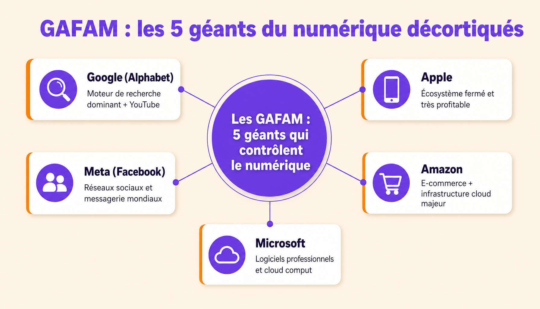 Infographie expliquant la structure des GAFAM et YouTube, avec Google, Apple, Facebook Meta, Amazon et Microsoft et leurs revenus