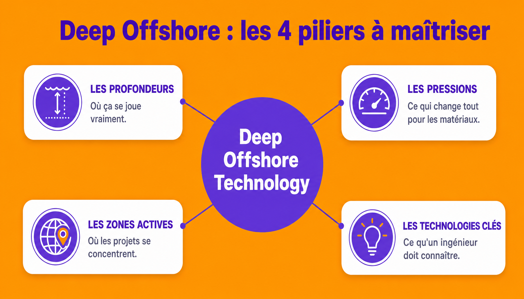 Infographie deep offshore technology : profondeurs, pressions, technologies clés et zones d'exploitation