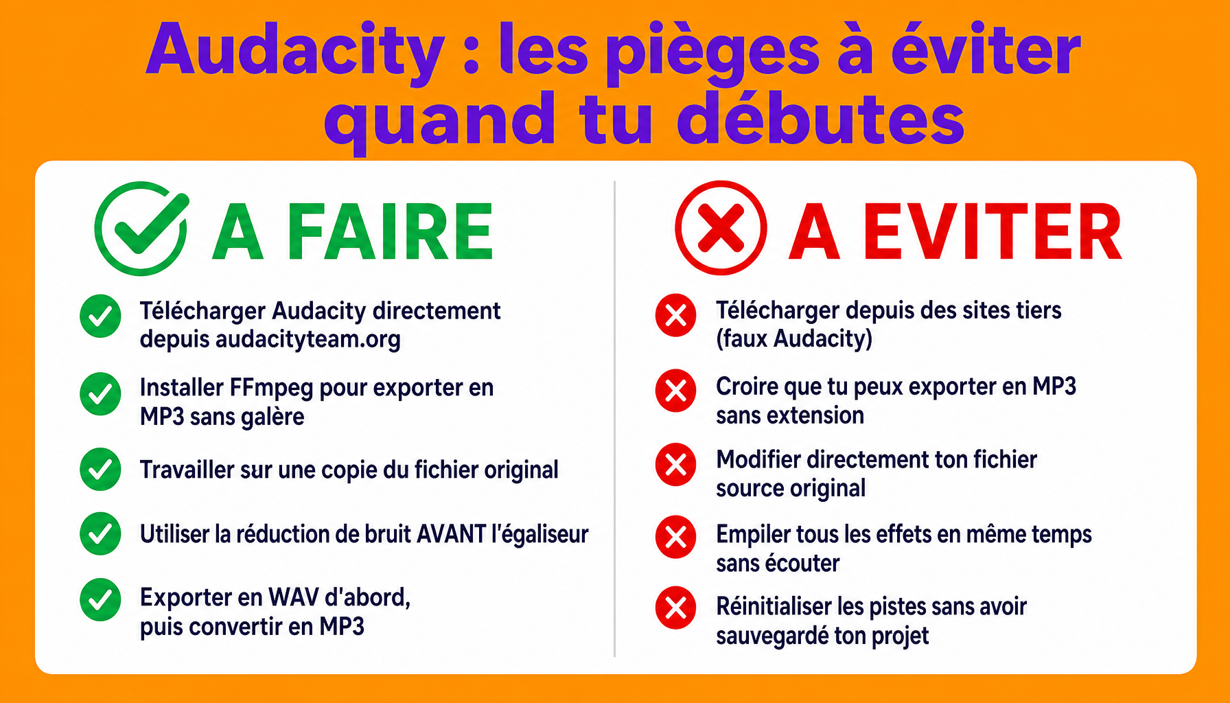 Infographie des erreurs courantes avec Audacity pour débuter en audio sans se tromper