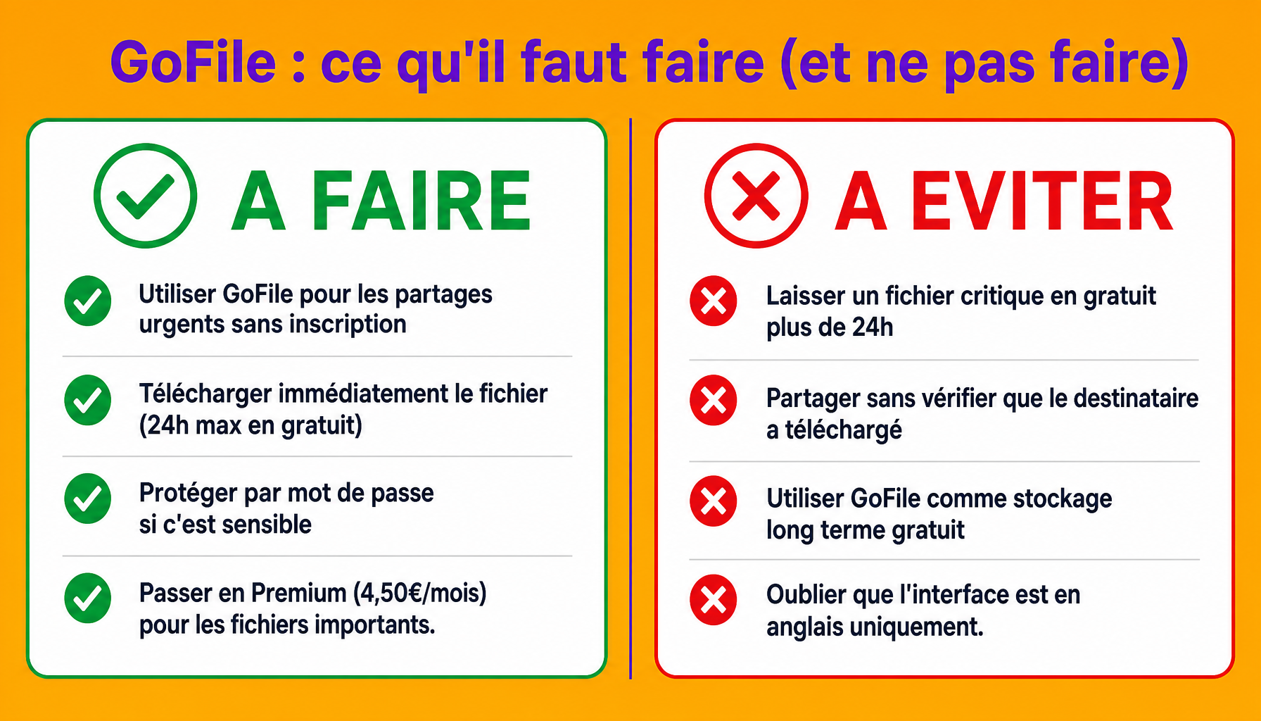 Infographie GoFile : bonnes pratiques et erreurs à éviter pour partager des fichiers en ligne