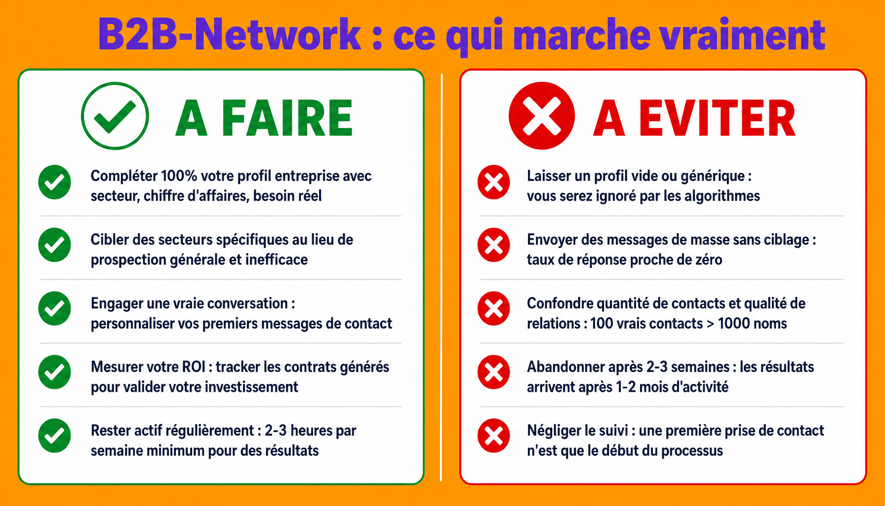 Infographie b2b-network-entreprise connexion : bonnes pratiques et erreurs à éviter pour transformer vos contacts en contrats