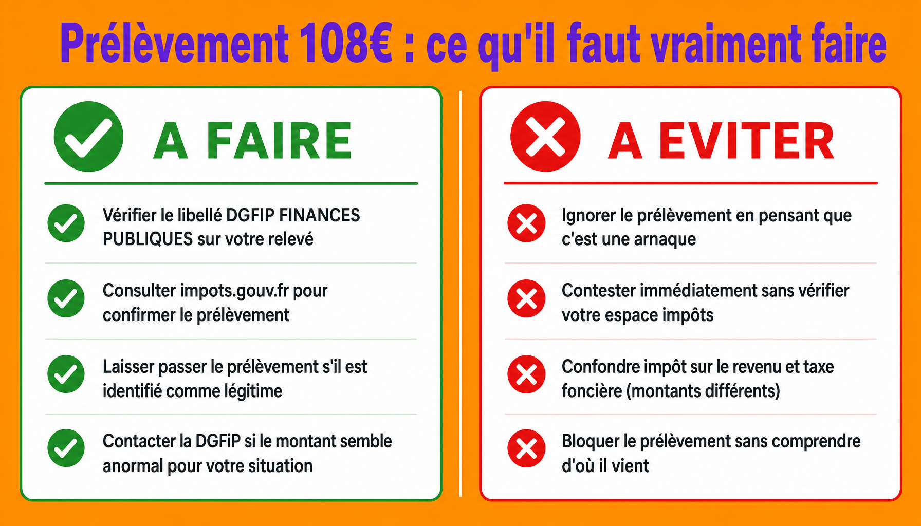 Infographie prelevement bancaire 108 euros : actions a faire et erreurs a eviter avec la DGFiP