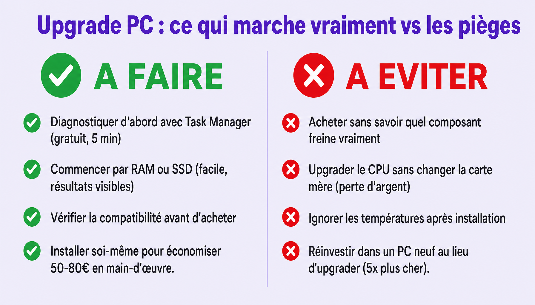 Infographie comment upgrade son PC : bonnes pratiques et erreurs à éviter pour débutants